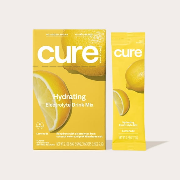 Cure Hydration, No Added Sugar Vegan Electrolyte Powder Drink Mix, Lemonade - 8ct Packets