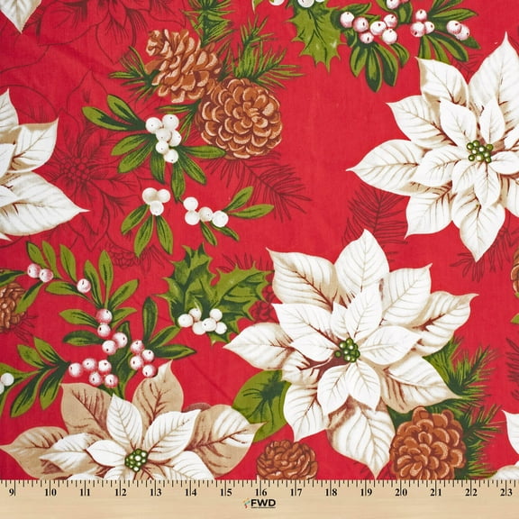 Poinsettia Floral Print Broadcloth Fabric - Red Multi-Color Polyester Cotton 58/60" By The Yard