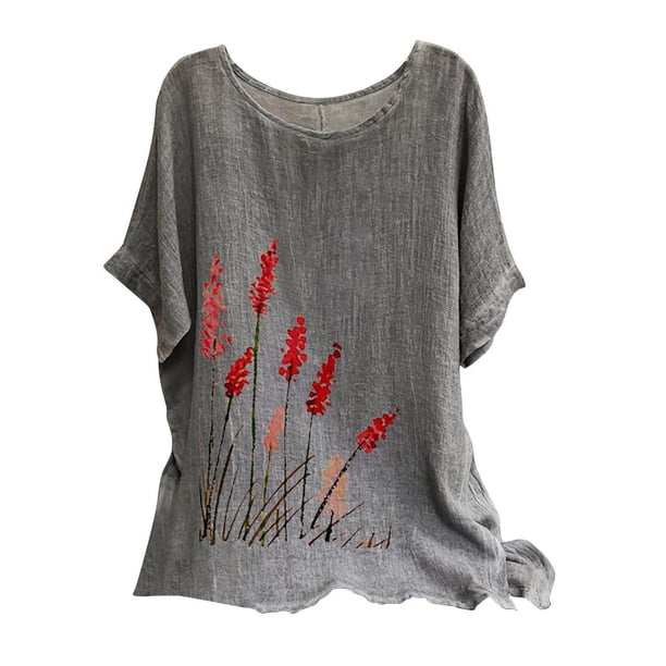 Camisetas de Manga Corta para las Mujeres Mezcla de Lino de Ajuste Suelto Top de Camiseta Casual, Blusas para las Mujeres Casual
