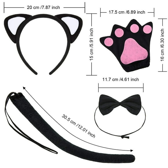 Conjunto de disfraz de gato, diadema con orejas de gato, pajarita, cola de gato, guantes de pata de gato para decoración de fiesta de disfraces de Halloween, 5 uds.