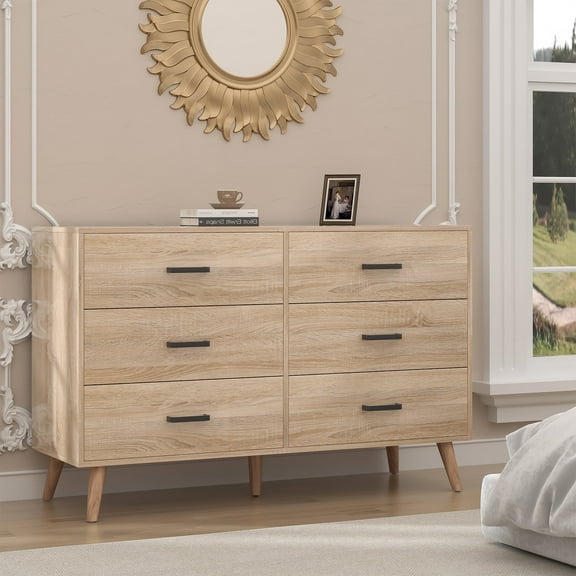 Frmobepts Mid Century Modern Dresser, 6 Drawer Dresser for Bedroom, Wood Dresser with Metal Handles, Light Oak