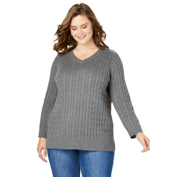 Woman Within - Woman Within Women's Plus Size Cable Knit V-Neck ...
