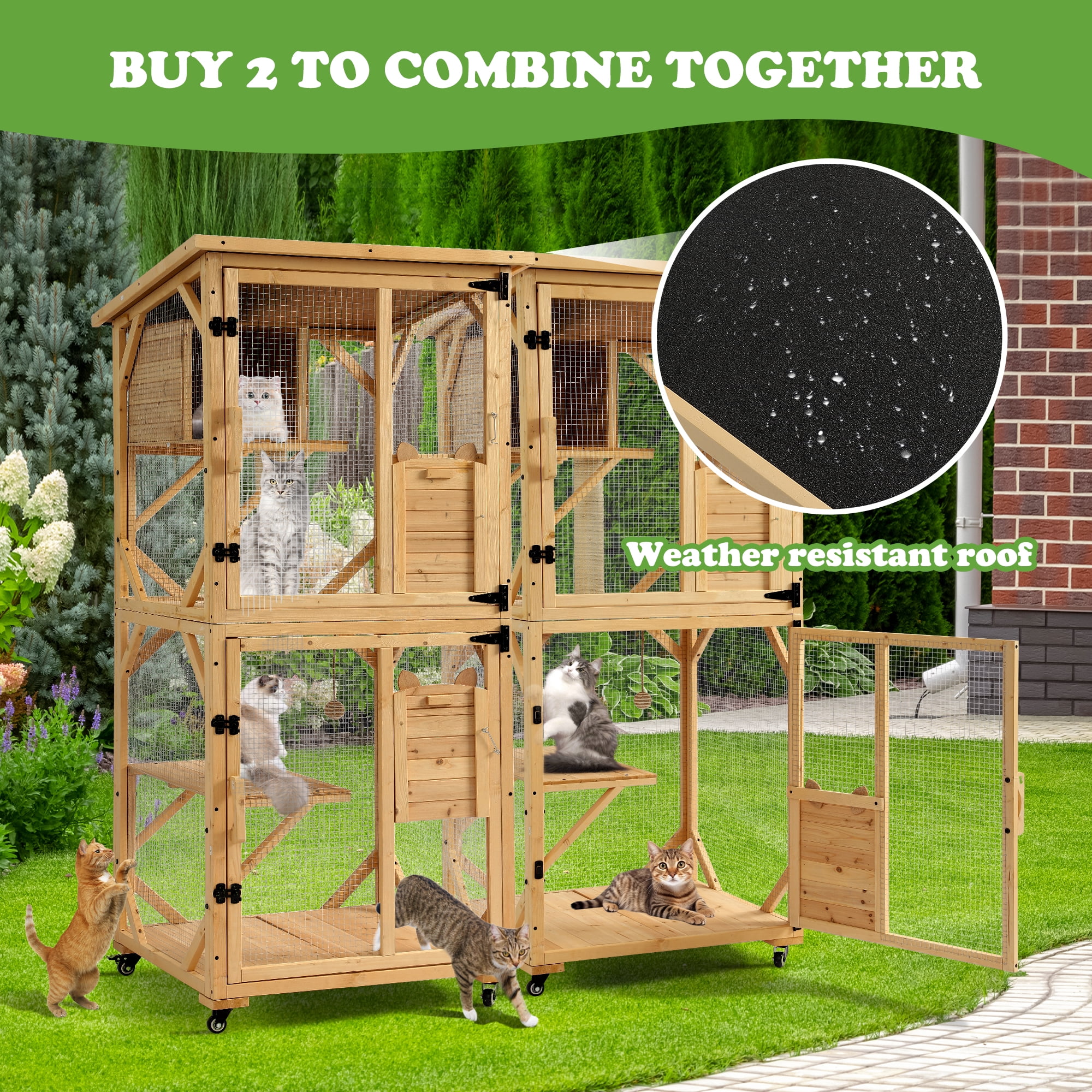 Magic Union Catio Outdoor Cat Enclosure, 4 Tiers Cat House with Waterproof Roof, Indoor Cat Cage with Wheels and Removable Floor, Large Outside Wood Cattio Kitty with Resting Box (Natural)