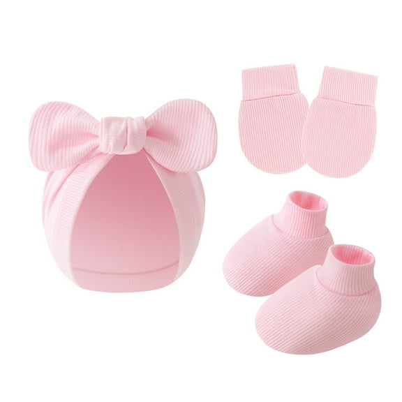 AOOOWER Baby Boys Girls Cotton Bonnet Caps Mittens Socks Set 3-Piece Scratch Protections Gloves Bowknot Hat for Newborns