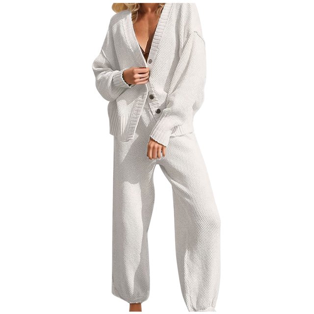 Gibobby Conjunto de sudadera y pantalones Mujer Otoño Invierno Casual Cuello En V Color Sólido Botón Manga Larga Chaqueta Pantalones Traje(Blanco,M)