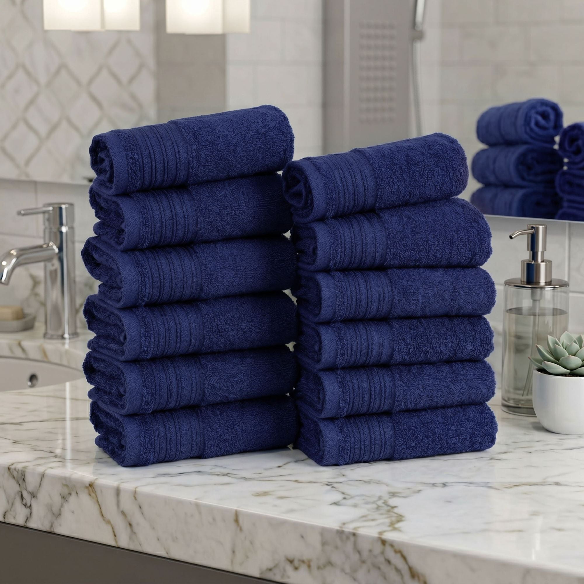 Superior Solid Jacquard Cotton Face Towel Set, 12-Pack, Navy Blue - Ivory
