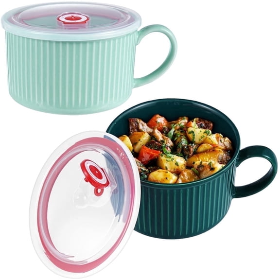 2 Pack 30oz Ceramic Soup Bowls with Lids and Handles, Microwave Safe Large Deep Ramen & Cereal Bowls for Oatmeal, Salad, Fruits (7 inch)
