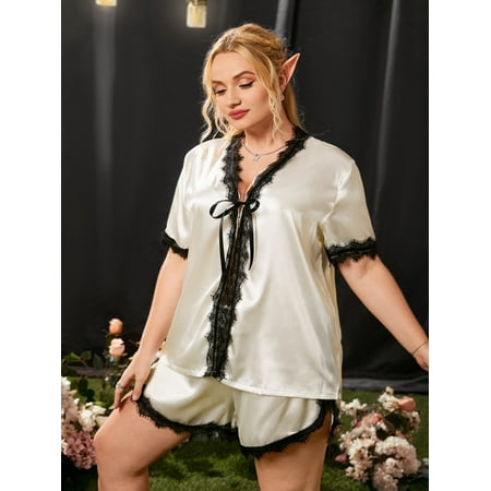 

Beige Elegant Women s Plus Contrast Lace Trim Knot Front Satin Pajama Set 2XL(16) Y22001D