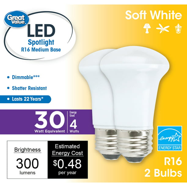 Woordvoerder Voorrecht na school Great Value LED Light Bulb, 4W (30W Equivalent) R16 Floodlight Lamp E26  Medium Base, Dimmable, Soft White, 2-Pack - Walmart.com