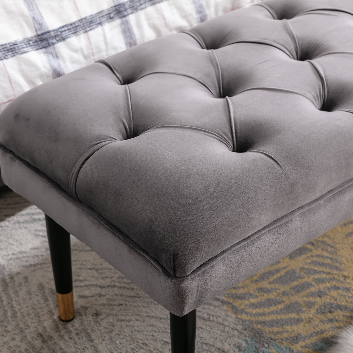 Kadyn Fabric Bench, Modern Velvet Button Ottoman for Living Room Entryway, Upholstered Bench with Metal Legs, Gray Kadyn Fabric Bench, Modern Velvet Button Ottoman for Living Room Entryway, Upholstered Bench with Metal Legs, Gray