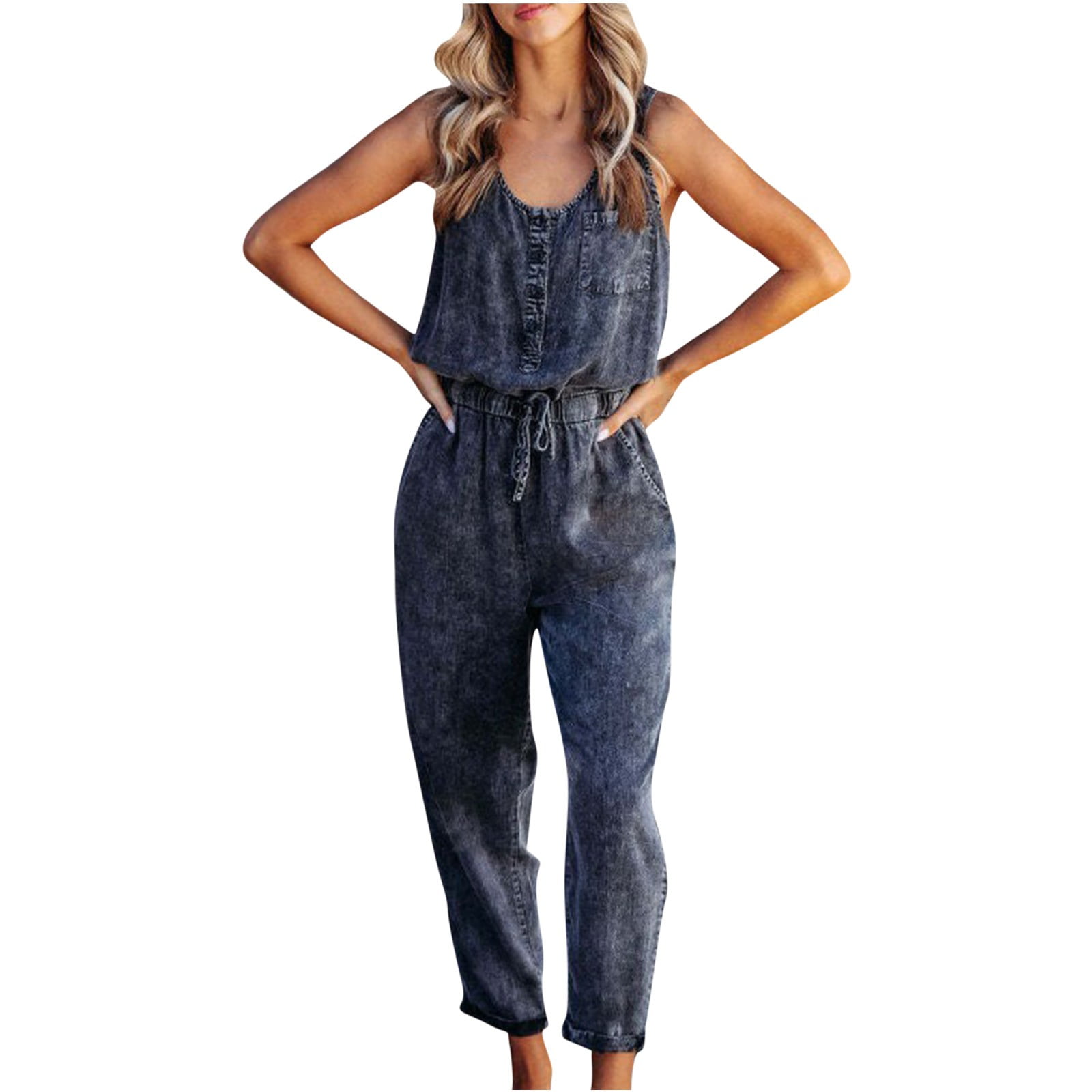 JWZUY Women Sleeveless Summer Casual Button Up Sccop Belted Waist Leg Pant Jumpsuits Jeans Rompers with Pockets 1-Black Small -