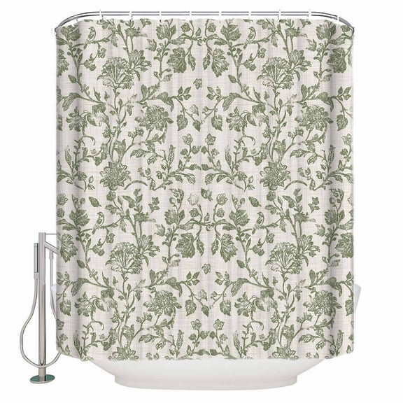 Pastoral Flowers Shower Curtain, 48" x 72", Green Flower Vintage Linen Texture Waterproof Bathroom Curtain Washable Shower Curtain Set with 12 Hooks