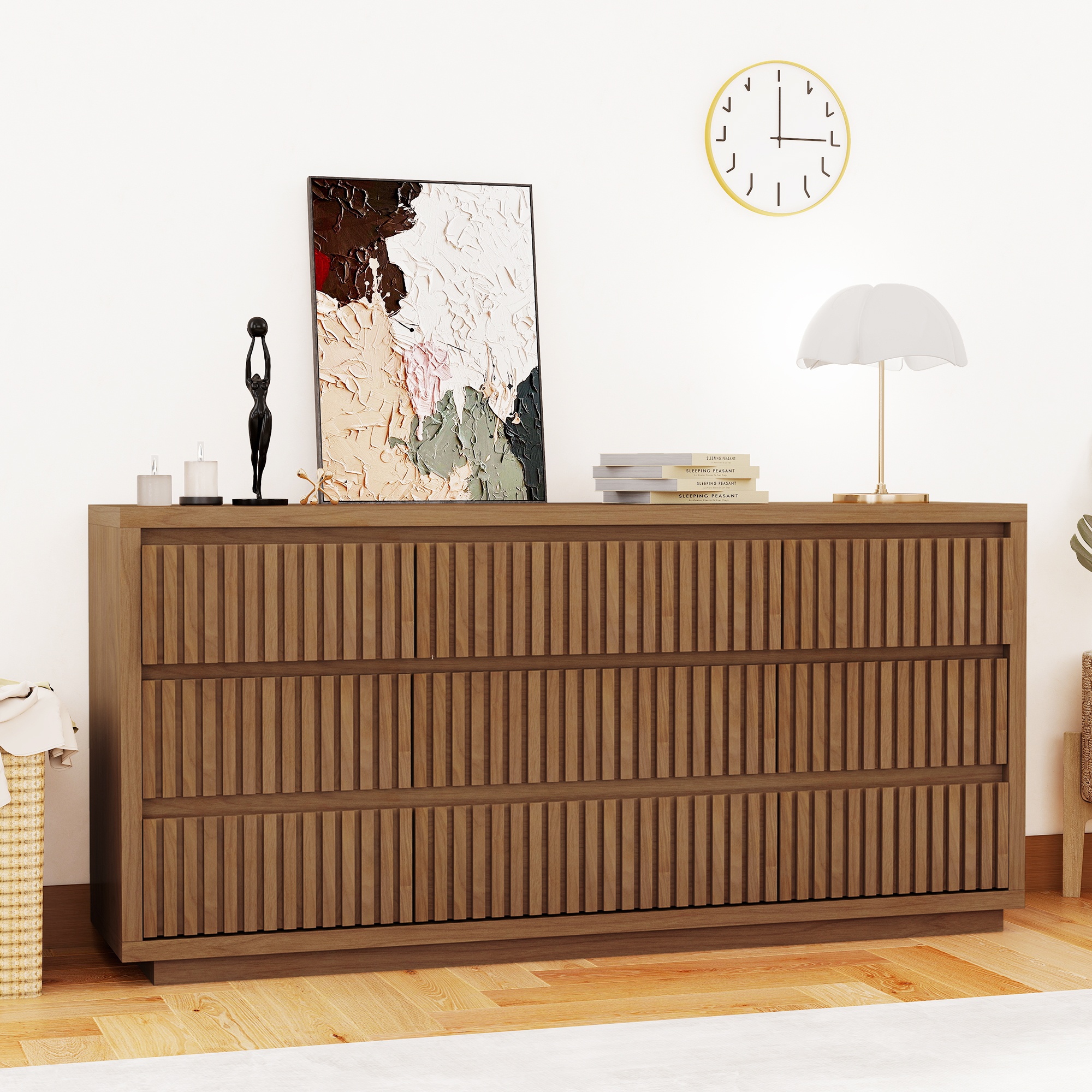 IQCNGVX Dresser Fluted Long 9 Drawer Large Mid Century 58" Wide Chest Wood Closet Clothes Storage TV Stand for Bedroom Living Room