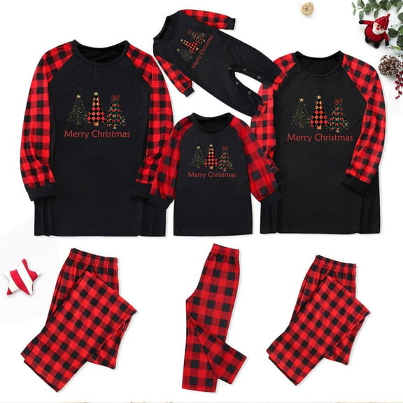 Wyobmus 2024 Family Christmas Pajamas Matching Sets Holiday Christmas Pjs With Letter and Plaid Printed Long Sleeve Tee and Bottom Loungewear for Mom