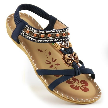 

Pmoiste Women s Flat Sandals Rhinestone Bohemian Summer Beach Sandal Elastic Ankle Strap Casual Shoes Navy Blue 11