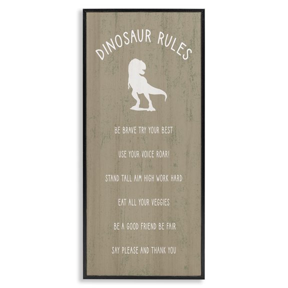 Stupell Industries Farmhouse Rustic Dinosaur Rules List of Motivational Phrases Black Framed Giclee Art, 10 x 24, by Lil' Rue