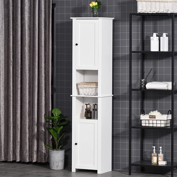 Tall bathroom storage cabinet, freestanding narrow storage cabinet, bathroom base cabinet with 2 shelves and 2 doors, white