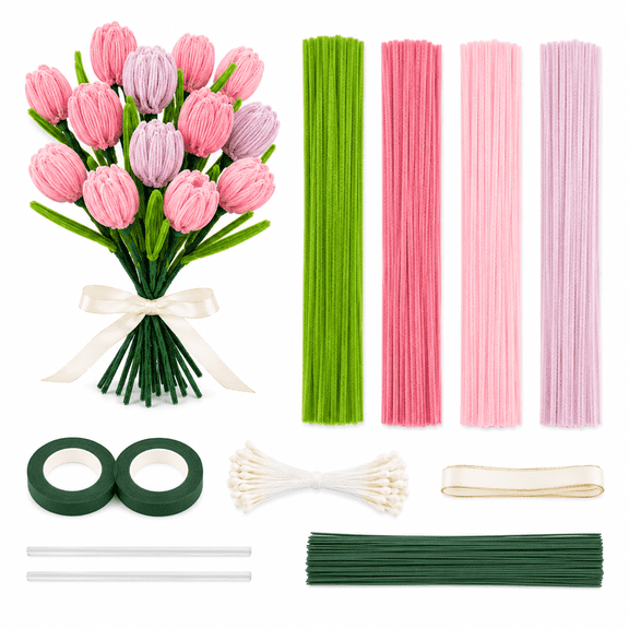 400 Pcs Pipe Cleaners Craft,4 Assorted Colors Tulip Pipe Cleaners Bulk, Chenille Stems for DIY Tulip Flower Making Kit with Floral Wires, Gardening Tape,Stamen& Ribbon