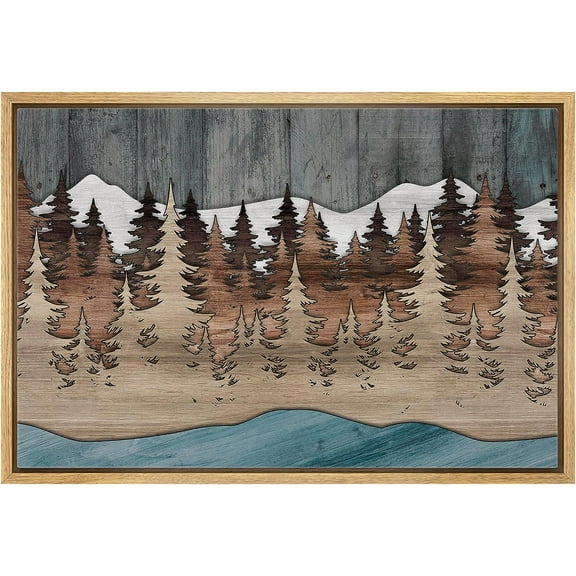 PixonSign Framed Canvas Print Wall Art Winter Pastel Mountain Range Nature Wilderness Woodblock Illustrations Decorative Multicolor Landscape Wood Panels Country/Farmhouse - 16"x24" Natural