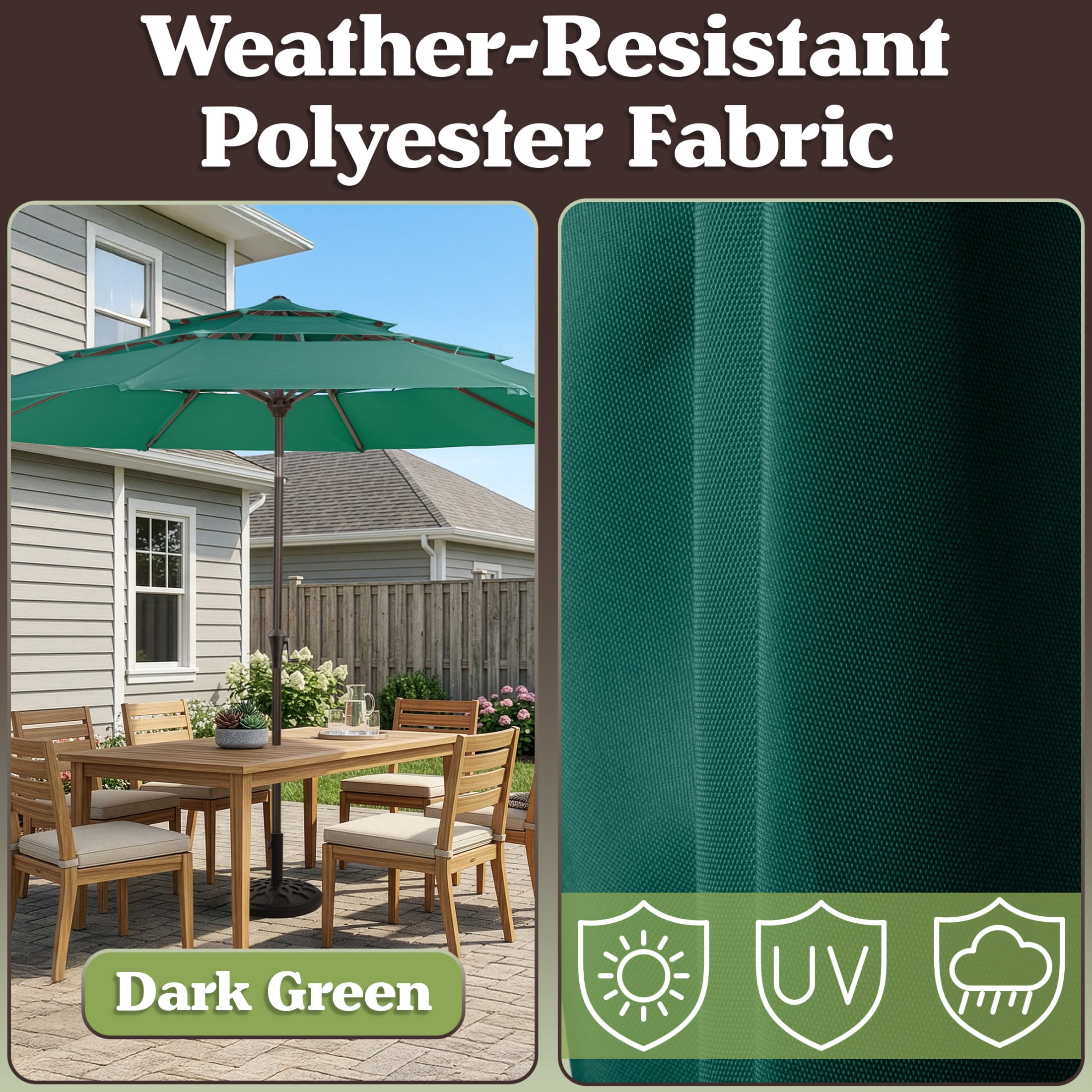 Pure Garden 10ft 3-Tier Umbrella for Patio Shade Canopy with 19lb Base, Dark Green