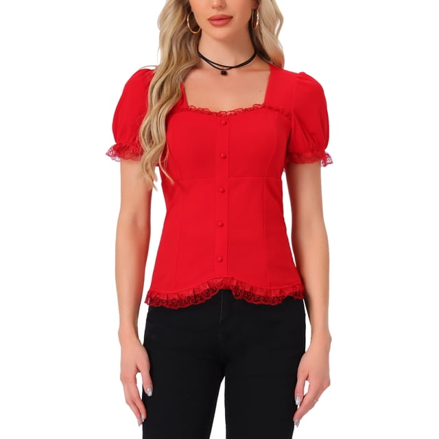 CAMISA VICTORIANA INSPIRADA CHIC PARA MUJERES CON ESCOTE CORAZÓN Y MANGAS ABULLONADAS, BLUSA GÓTICA CON LACITOS PARA HALLOWEEN, TAMAÑO XS, ROJO
