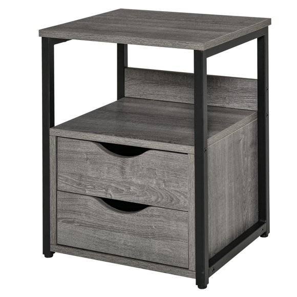 HOMCOM Nightstand with 2 Drawers, Industrial Side Table with Storage Shelf, Accent End Table for Bedroom, Living Room, Grey
