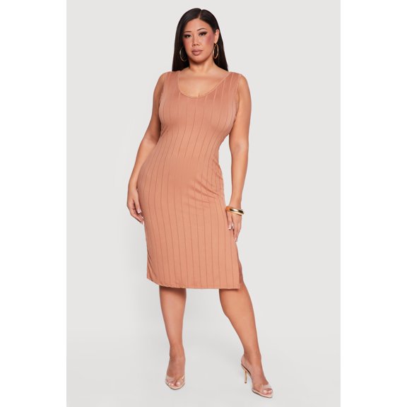 Women's Plus Size Sleeveless V-Neck Ribbed Knit Midi Dress