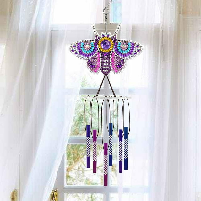 Pintura de carillón de viento, pintura de cristal de doble número, artesanía de mariposa, adorno colgante para ventana para jardín y decorac Púrpura perfecl carillón de viento de ventana