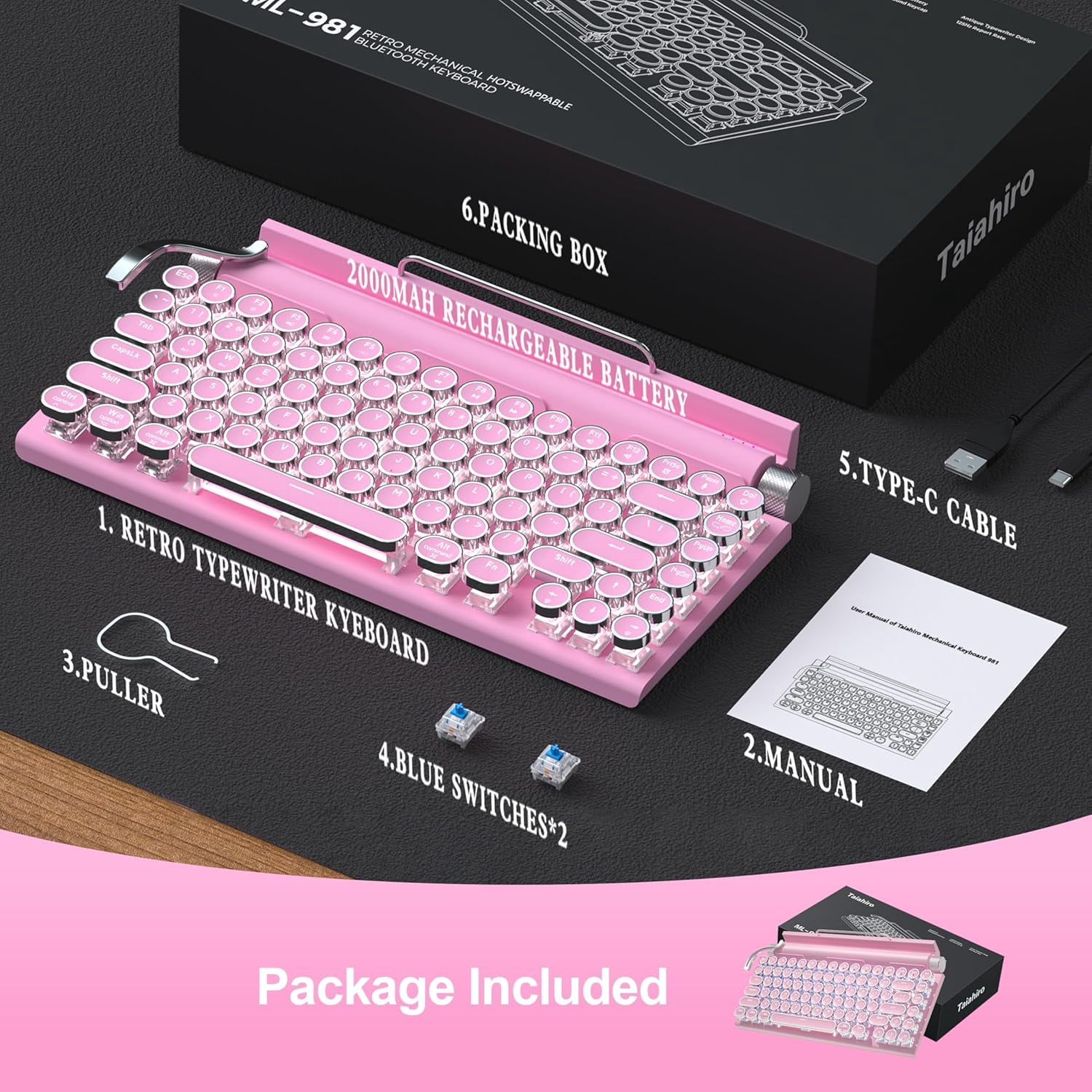 Retro Typewriter Wireless Mechanical Gaming Keyboard, Bluetooth 5.0 Office Computer Vintage Keyboards 83-Key Blue Switches Punk Round Keycap, LED Backlight, Compatible with PC/Laptop/Pad/Phone, White