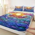 thumbnail image 3 of Homewish Teens Bohemian Sun Twin Sheet Sets, Vintage Blue Ocean Waves Twin Fitted Sheet, Oil Printing Artwork Flat Sheet, Breathable Home Decor, 3-Piece, 3 of 7