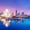 Downtown Cleveland Reflection, variant on Elephant Stock Nyc Skyline At Night Wall Art - Horizontal Multi Panel Canvas - 5 Pieceliving Room Wall Decor - Photography City Multi Panel - Blue And Purple Decor - 55" x 24"