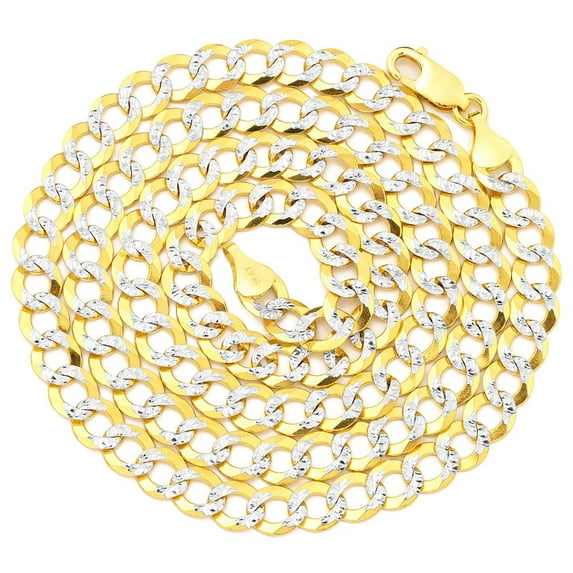 LOVEBLING 14k Yellow Gold 8mm Solid Pave Curb Chain Necklace with White Gold Pave Diamond Cut W/Lobster Lock (30 inch)