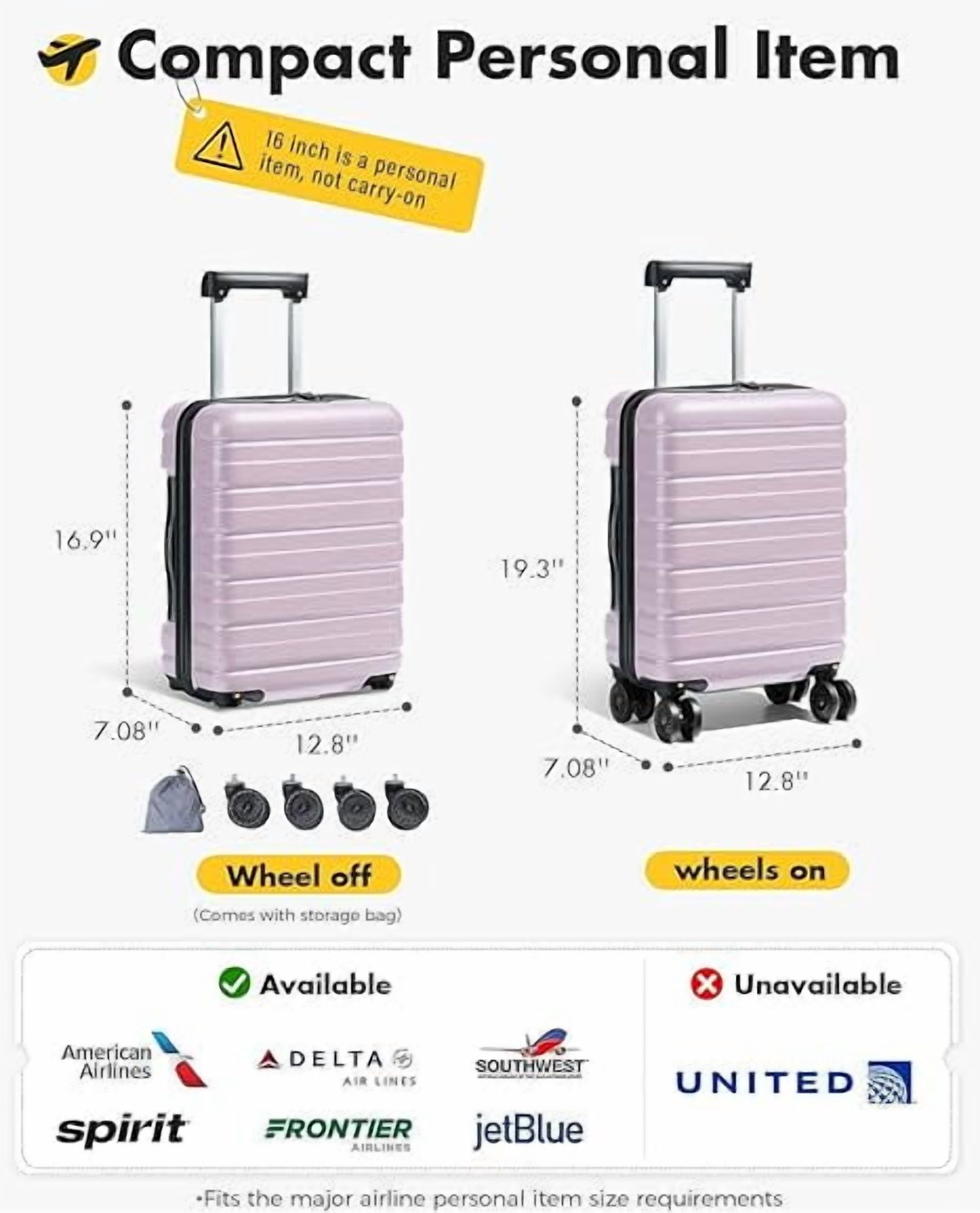 16 Inch Carry On Luggage Airline Approved, Hard Shell Suitcase with TSA Lock, Lightweight Spinner Wheels Durable ABS Compact Carry-On for Travel Weekend Trips Men Women