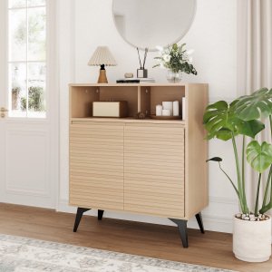 Armoire de Rangement Cannelée, Buffet avec Rangement et Étagères Ajustables pour Salon, Cuisine, Entrée, Bois Naturel/noyer