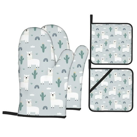 

Oven Mitts and Pot Holders Sets 4 pcs Rustic Cartoon Cute Alpaca Cactus Non-Slip Oven Gloves Potholders Soft Quilted Lining Heat Resistant Gloves Hot Pads for Kitchen Cooking Baking