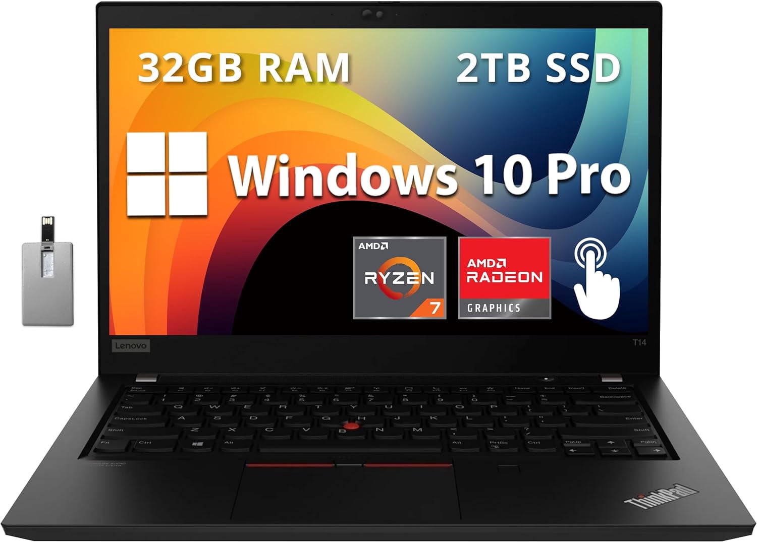 Lenovo ThinkPad T14 Gen 2 Ordinateur Portable Professionnel, Écran 14 Pouces FHD, AMD Ryzen 7 Pro 5850U, 32 Go RAM, 2 To PCIe SSD, AMD Radeon Graphics, Caméra Web HD 720P, Wi-Fi 6, Win 10 Pro, Noir, Carte USB 32 Go Hotface