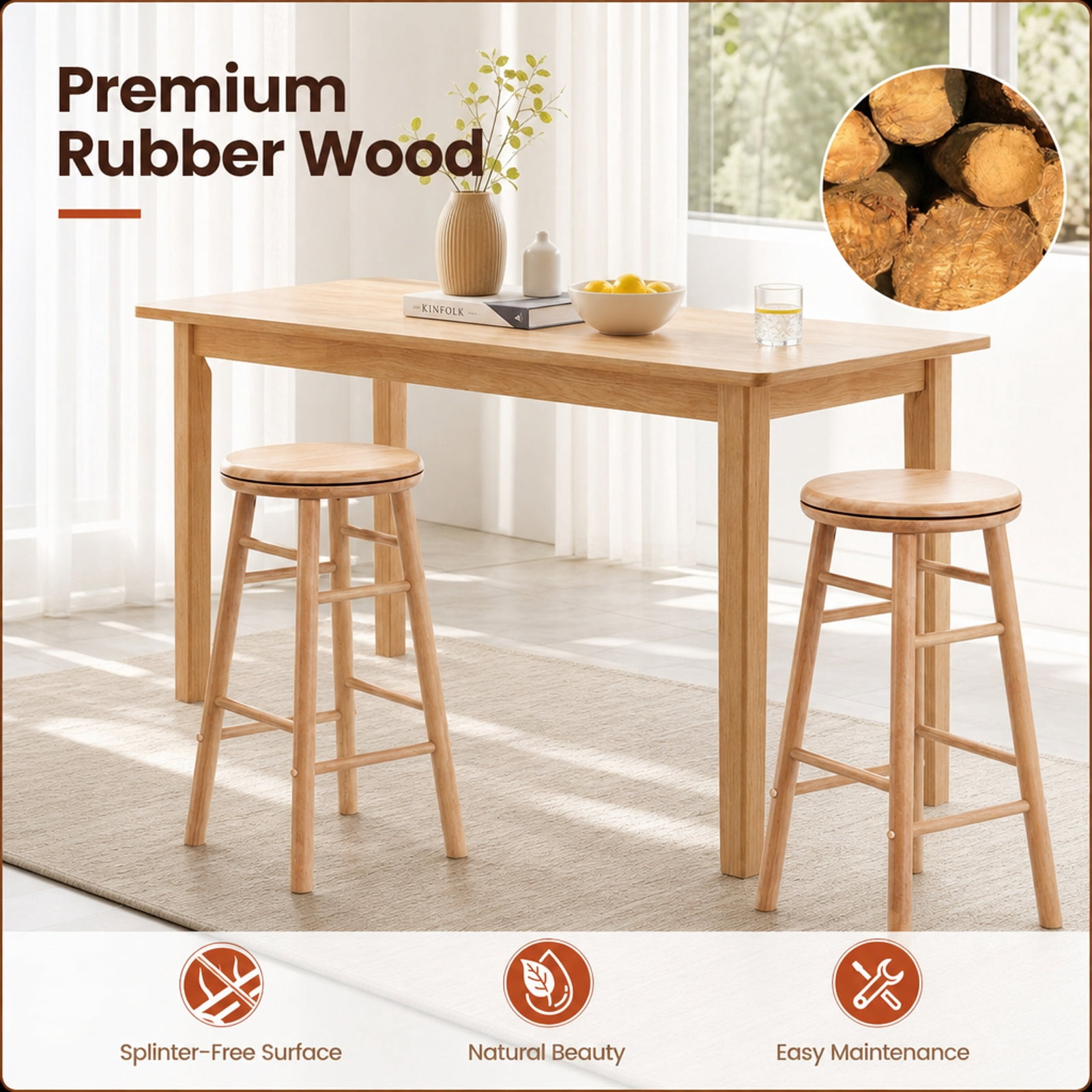 Furnibear 24" Swivel Bar Stools Set of 2 with Footrests & Crossbars for Kitchen Island Counter Bar Pub Dining Home, Natural