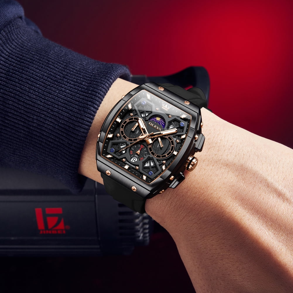 OLEVS Watches for Men Chronograph Waterproof Luxury Dress Quartz Silicon Strap Multifunction Moon Phase Calendar Luminous Men Wrist Watches Reloj Para Hombre Black/Red