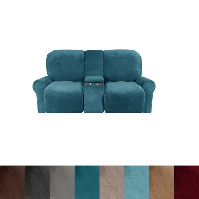 CHOK 2024 Housse de Causeuse Inclinable avec Console Centrale Housse Extensible en Velours pour Fauteuil Inclinable 2 Places avec Porte-Gobelet