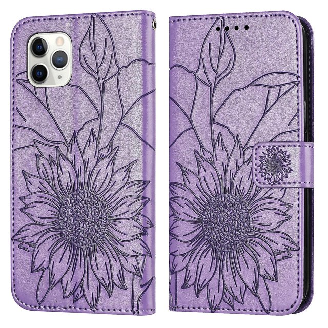 Funda tipo cartera con girasoles grabados para iPhone 11 Pro Max: elegante, multifuncional y con protección total.