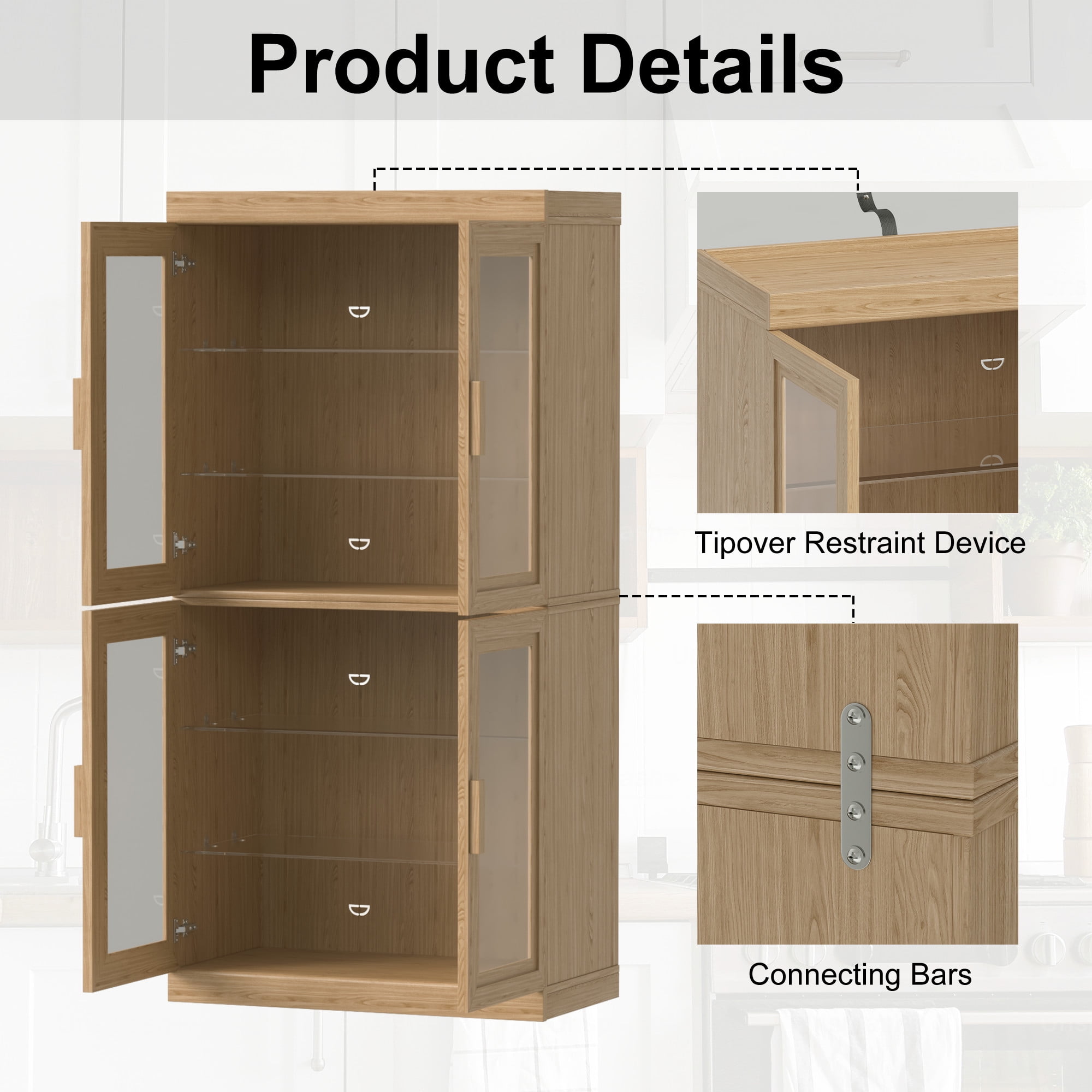 MAYEERTY 2-Set 31*31*16" Modern Natural Wood Grain Storage Cabinet with Glass Door for Living Room