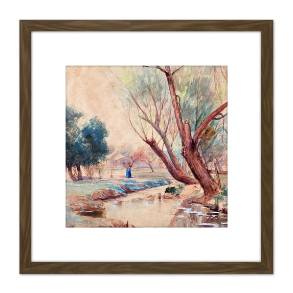 Onderdonk Landscape Figure Stream Painting 8X8 Inch Square Wooden Framed Wall Art Print Picture with Mount