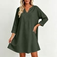 thumbnail image 5 of Women Solid V Neck 3/4 Sleeve Cotton Linen Mini Dress, Loose Casual Swing Dress, Breathable Vacation Dress Army Green XL(XL), 5 of 8