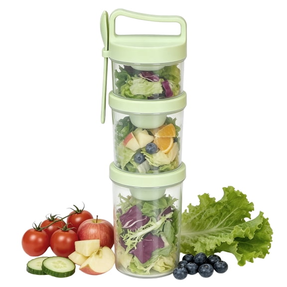 Brabtod 3‑Tier Stackable Round Airtight Salad Cup, Portable Meal Prep Container with Built‑in Utensil & Dressing Cup, BPA‑Free Plastic for Oatmeal, Fruit, Yogurt, Travel Snacks