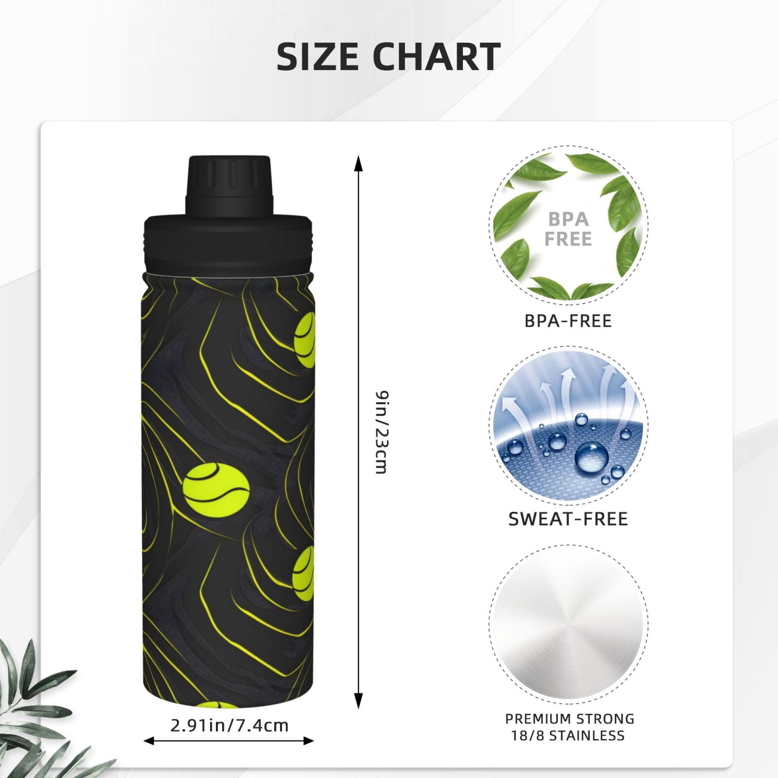 18oz Sports Insulated Kettle Double Wall Vacuum Insulated Water Bottle With Leak Proof Flip Lid For Gym Outdoor Commuting Camping Tennis Sport Theme Modern Athletic Style Tennis Balls