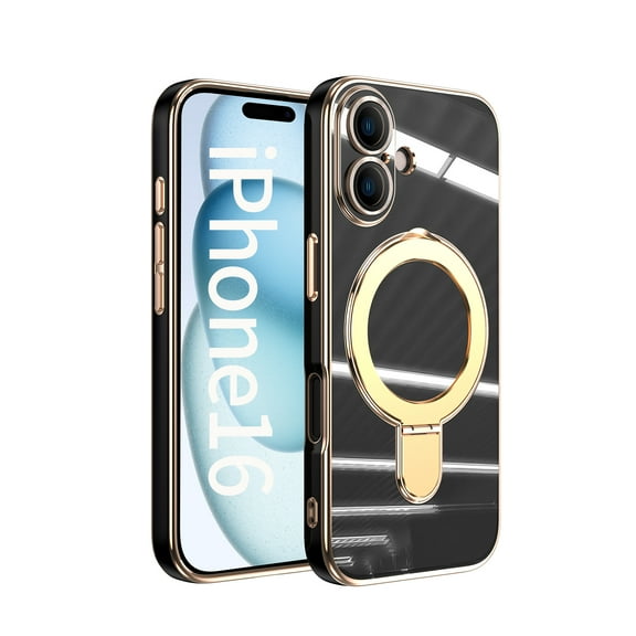 Designed for iPhone 16 Case, with 360° Rotatable Magnetic Invisible Stand [Compatible with MagSafe] Gold Plating Edge Soft TPU Shockproof Protective Case for Women Men - Black