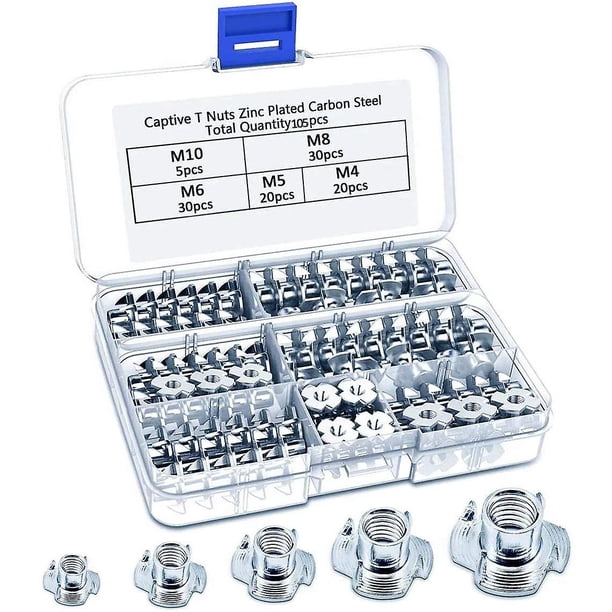 Tuercas en T de 4 garras M6 M8 M10, tuercas de garra de acero al carbono para madera, Metal, muebles, electrodomésticos, construcción, fontanería, bricolaje (145 uds)