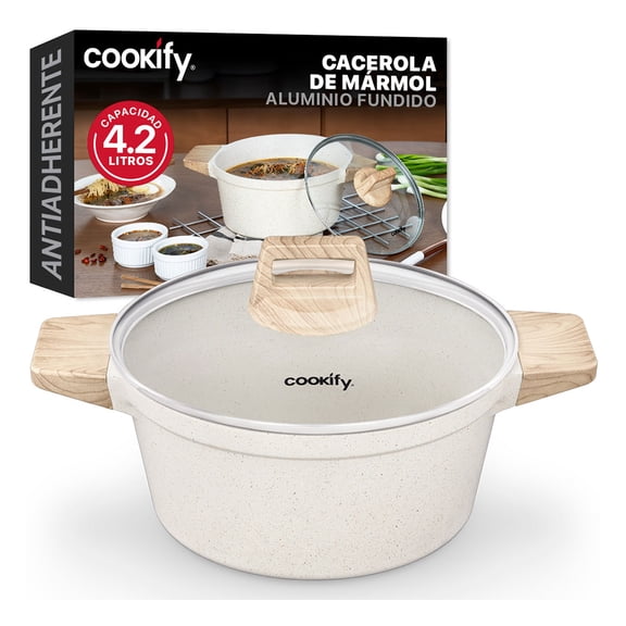 Olla Cacerola de Aluminio con Revestimiento Antiadherente Libre de PFOA Cookify (Mármol Beige, 24 cm)