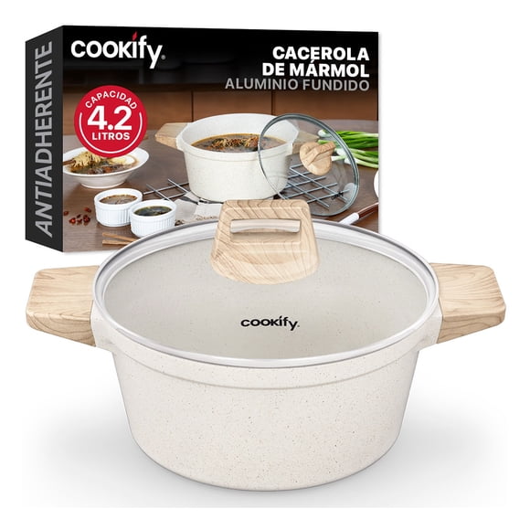 Olla Cacerola de Aluminio con Revestimiento Antiadherente Libre de PFOA Cookify (Mármol Beige, 24 cm)