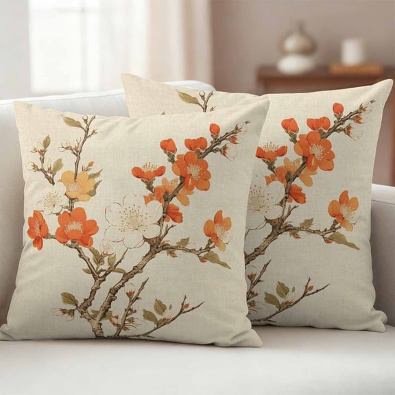 Pack of 2 Outdoor Pillow Covers,Waterproof Vintage Botanical Throw Pillow Covers,Red Spring Floral Botanical Farmhouse Decorative Pillowcases Cushion Covers Couch Pillow Sham Protector 24x24 Inch